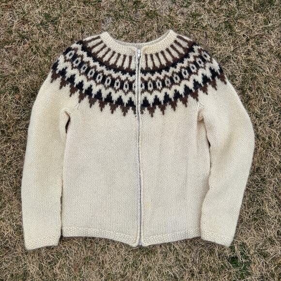 Wool Sweaters - Women's Vintage 90's Icelandic Wool White Brown Zip Up Sweater Jacket Sz Medium